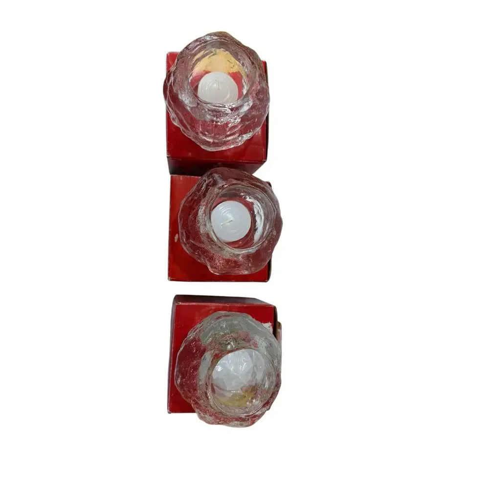Vintage Ice Cube Snowball Glass Candle Holders Set of 3 Made in Taiwan w/ Boxes